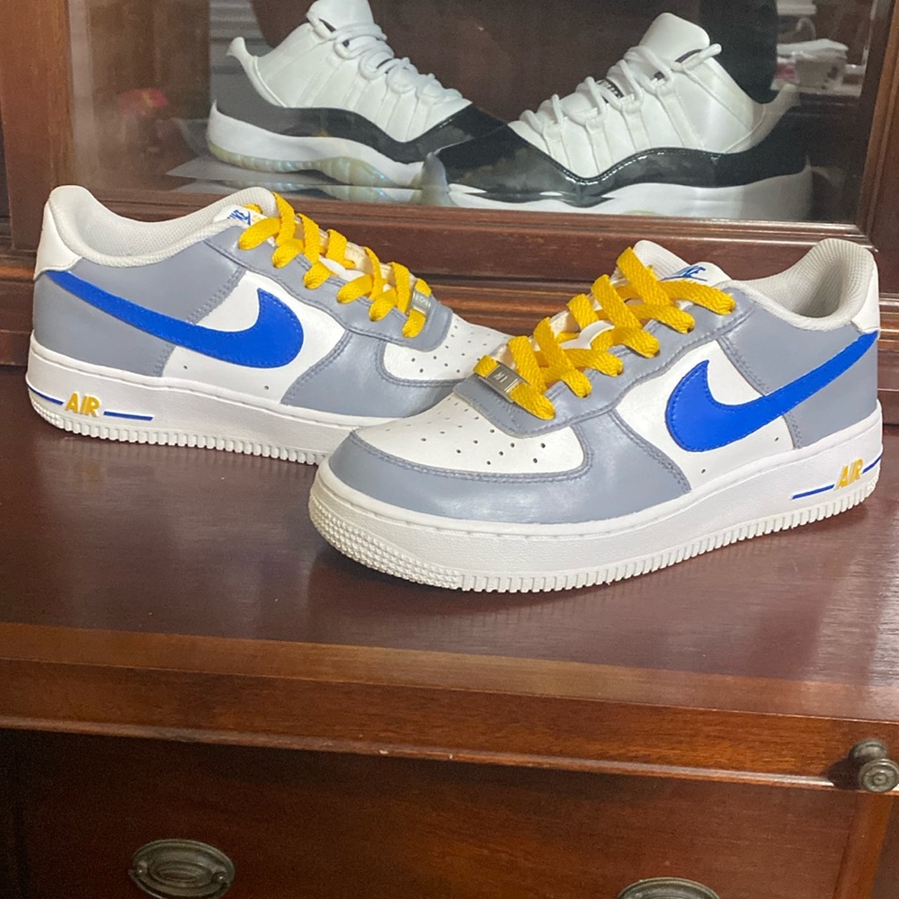 Air Force 1 customs, Blue, Grey, Yellow, sz 6 or Wmns 7.5